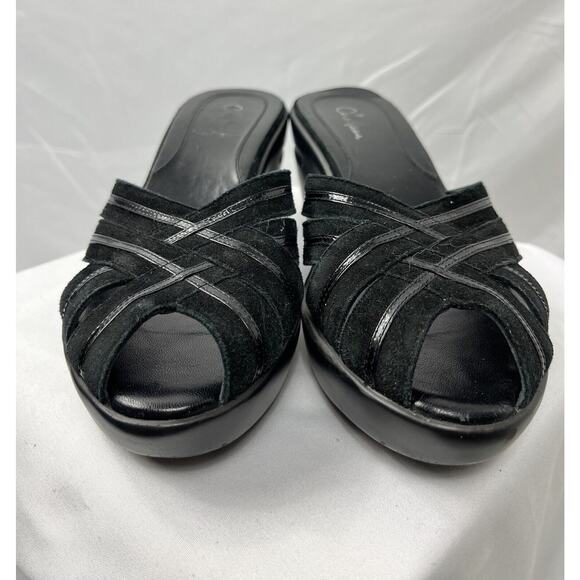 COLE HAAN Rich Black Suede Patent Leather SLIDE SANDALS SHOES 7 B Wedge Heels - Picture 2 of 10
